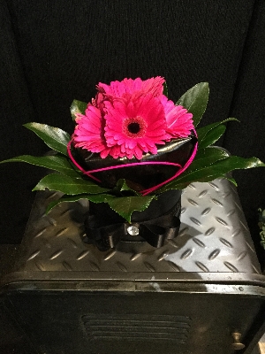 Black gloss hat box with cerise Gerbera finish