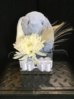 Baby Boy Bunny In Silver Hat Box With Floral Finish