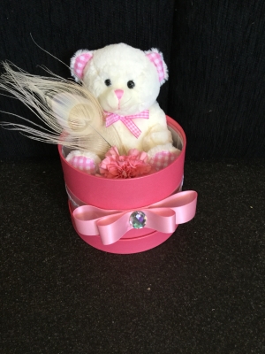 Baby Girl Teddy In Hat Box With Floral Finish