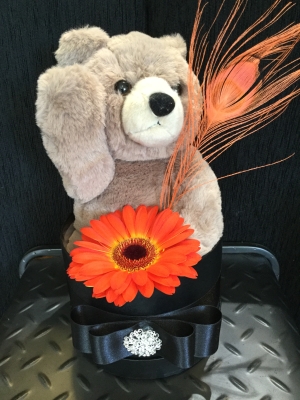 Big Brown Honey Bear In Hat Box With Floral Finish