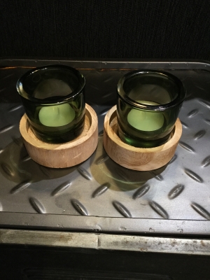 Green smoked glass tealight holders with wooden base