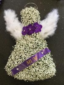 WHITE FEATHER ANGEL TRIBUTE WITH PURPLE ORCHID AND DIAMANTE FINISH