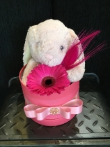 Baby Girl Pink Bunny In Hat Box With Floral Finish