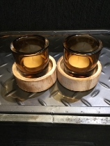 Brown smoked glass tealight holder with wooden base