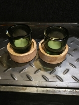 Green smoked glass tealight holders with wooden base