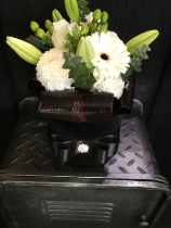 White lily and berry posey in luxury black velvet hatbox